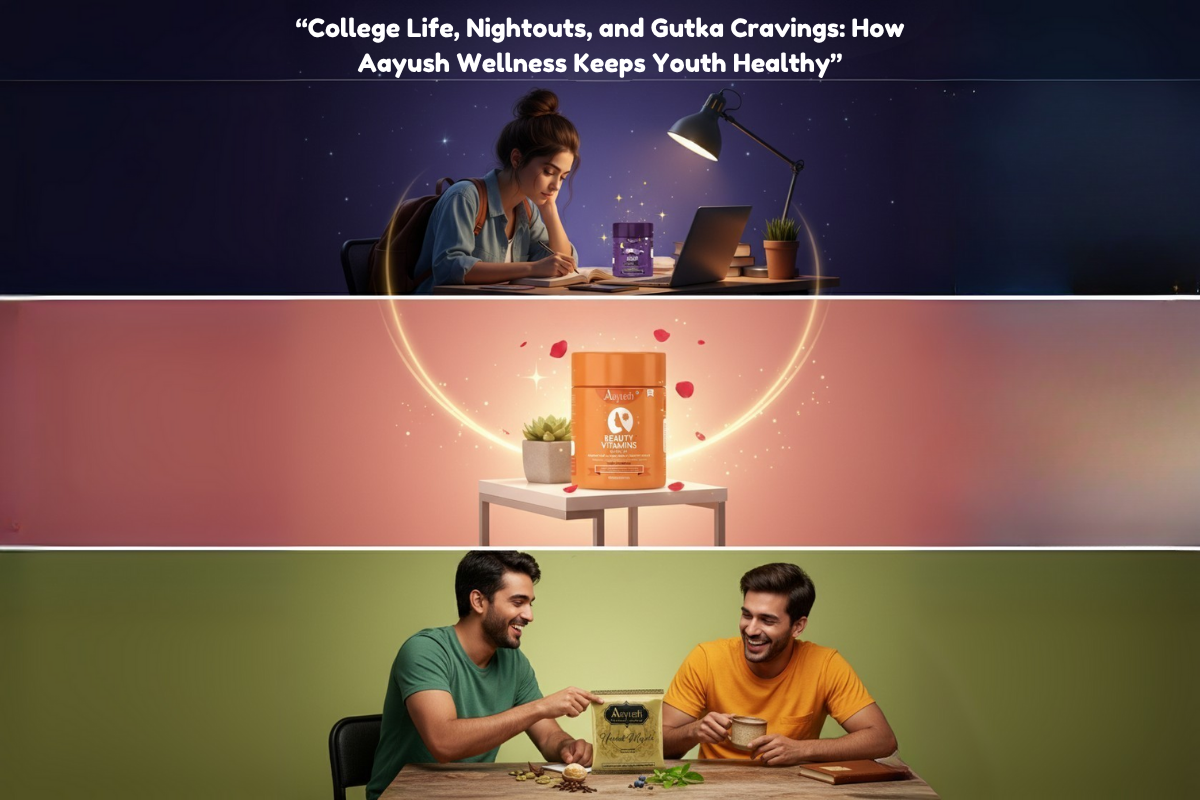 College students late-night studying with Aayush Sleep Gummies, Beauty Gummies and Herbal Masala for health and wellness.