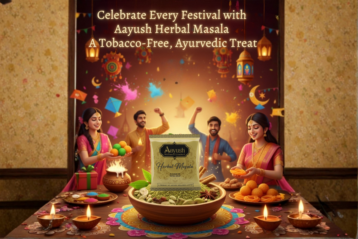 Indian festival celebration with Aayush Herbal Masala, tobacco-free ayurvedic treat on colorful festive table