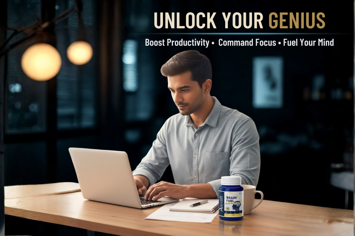 Confident young professional working on a laptop at a modern desk with Ayush Brain Fuel supplement, promoting productivity, focus, and mental sharpness.