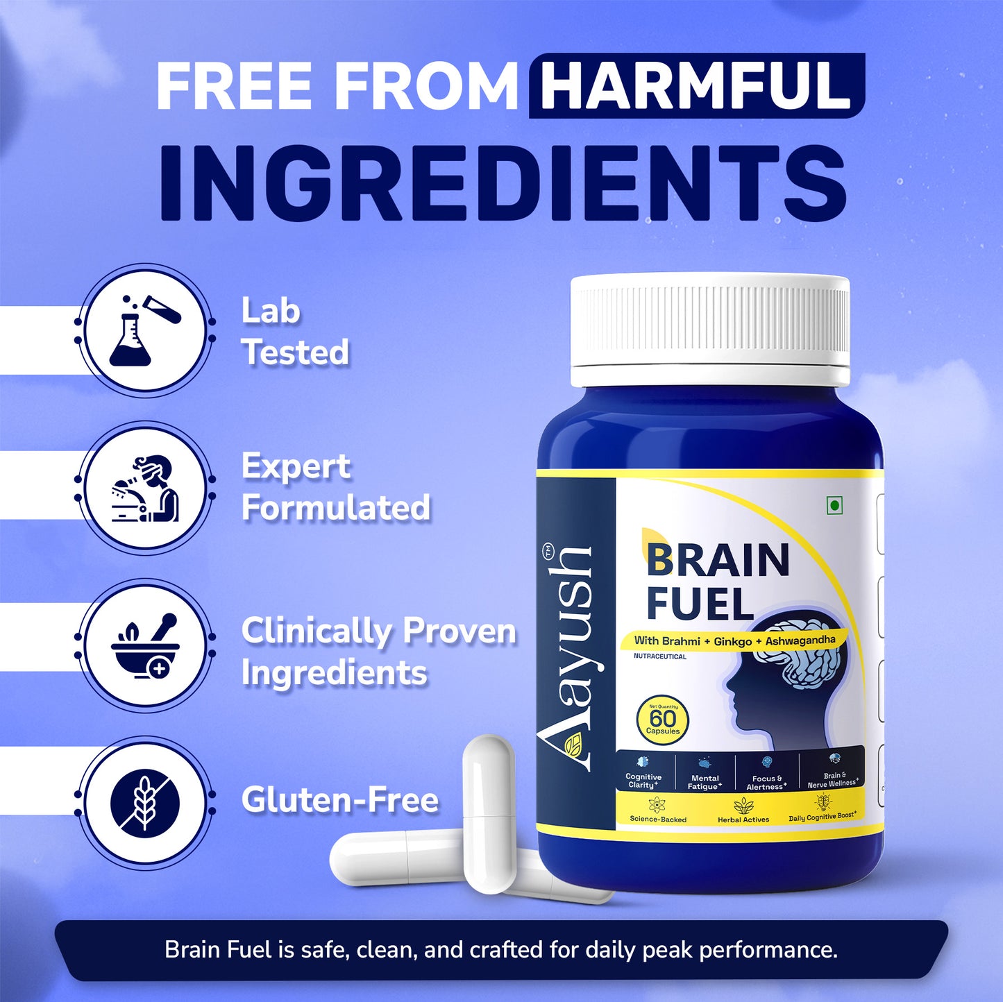 Aayush Brain Fuel highlighting Safety Lab Tested, Expert Formulated, and Gluten-Free.