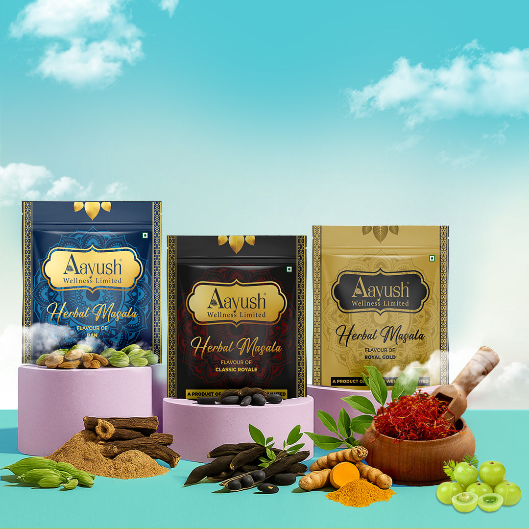 Aayush Wellness Limited Herbal Masala Trio – Blue, Black & Gold packs enriched with Natural Ayurvedic Herbs for Health & Taste.