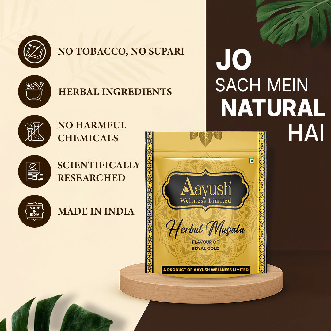 Aayush Herbal Masala Royal Gold – Made in India with authentic herbal ingredients, no tobacco, no supari, and no harmful chemicals for a healthy choice.
