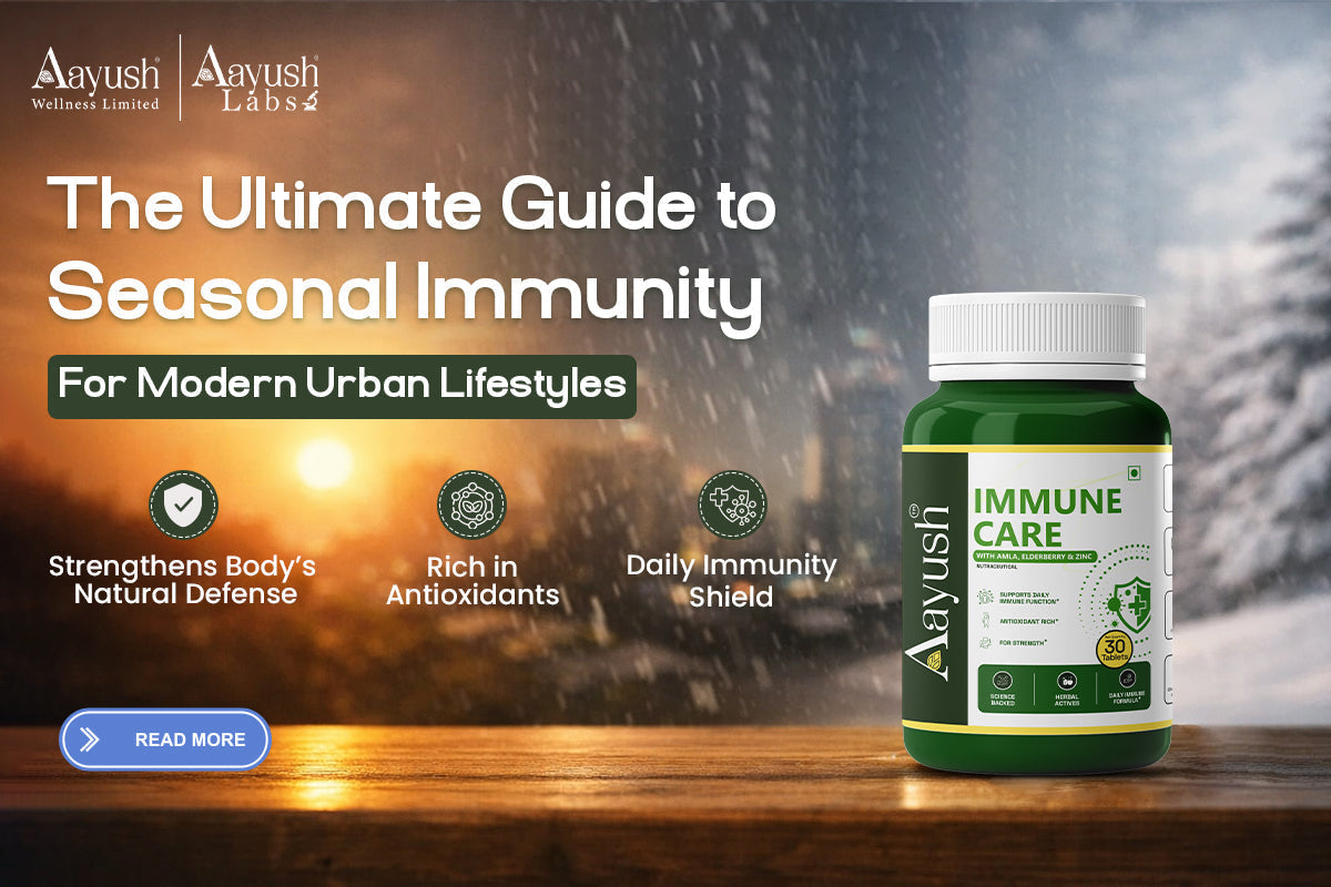 Seasonal immunity guide with Immune Care tablets bottle supporting daily immunity, antioxidants, and natural defense for urban lifestyles