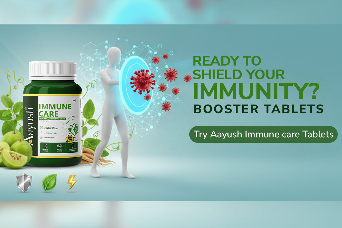 Immune Care Tablets bottle with herbs and shield illustration.