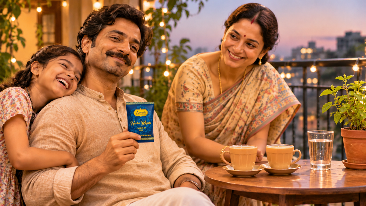 Indian father relaxing after dinner with saunf and a blue tobacco-free Aayush Herbal Masala pouch, family smiling nearby