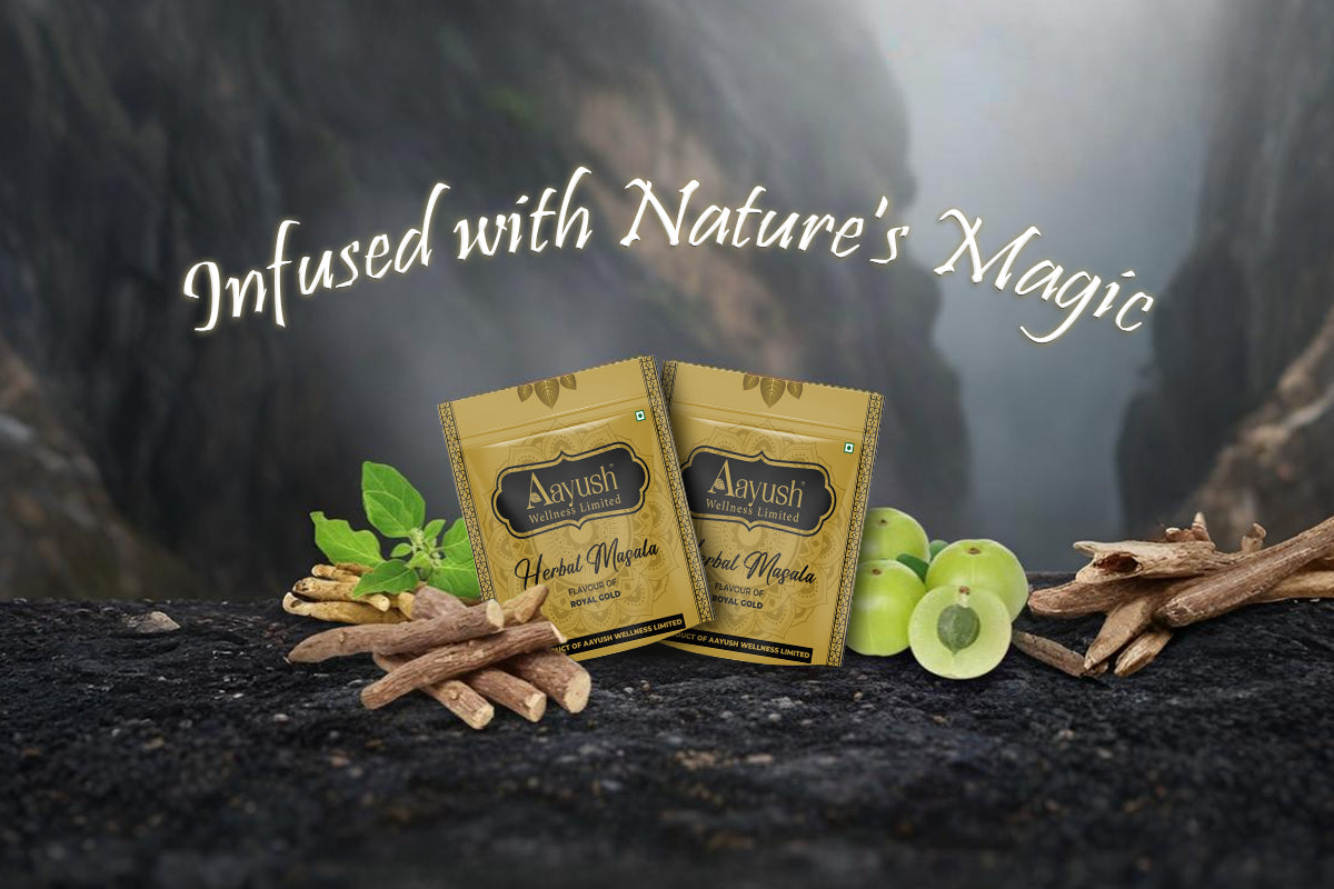 Aayush Herbal Masala infused with nature’s magic, blended with ashwagandha, amla & mulethi.