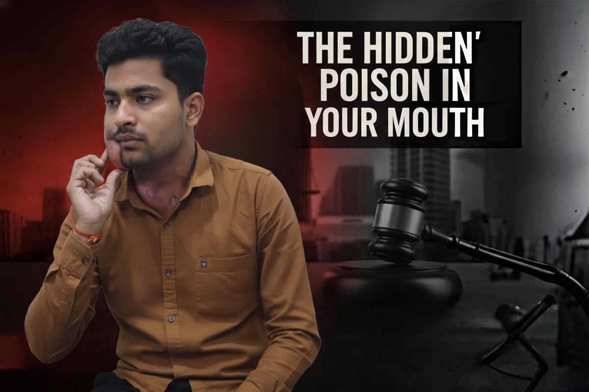 Man warning about hidden poison in your mouth with legal gavel and alert headline in background