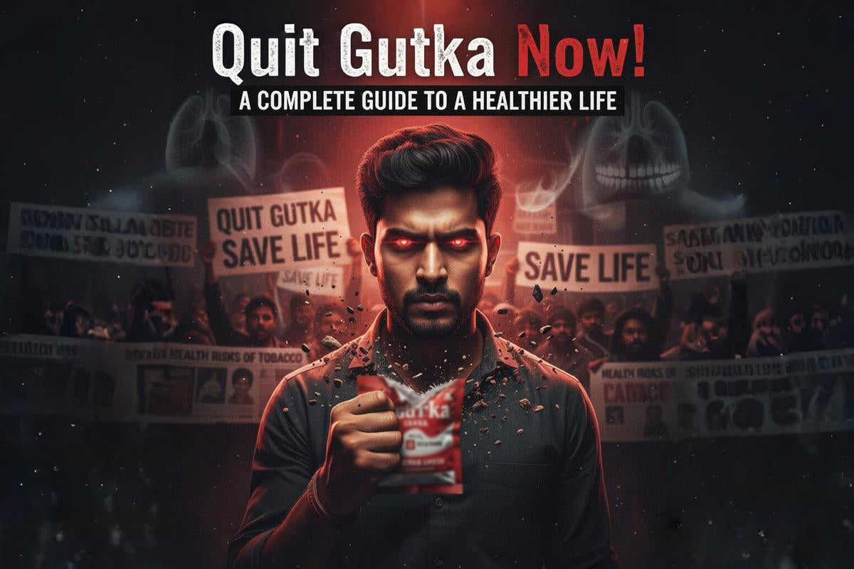  Man holding gutka packet at anti-gutka rally with "Quit Gutka Save Life" signs.