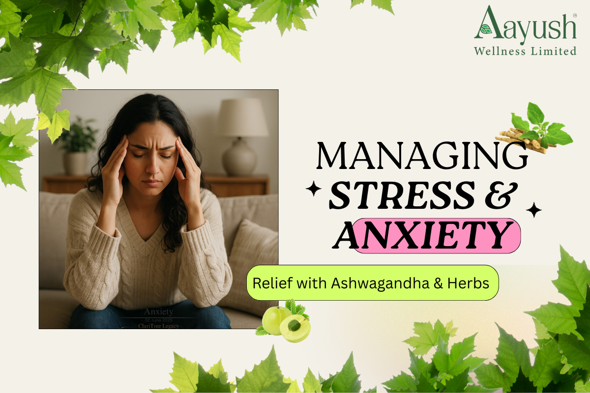  Stress and anxiety relief with Ashwagandha and other herbs, a social media post from Aayush Wellness Limited.