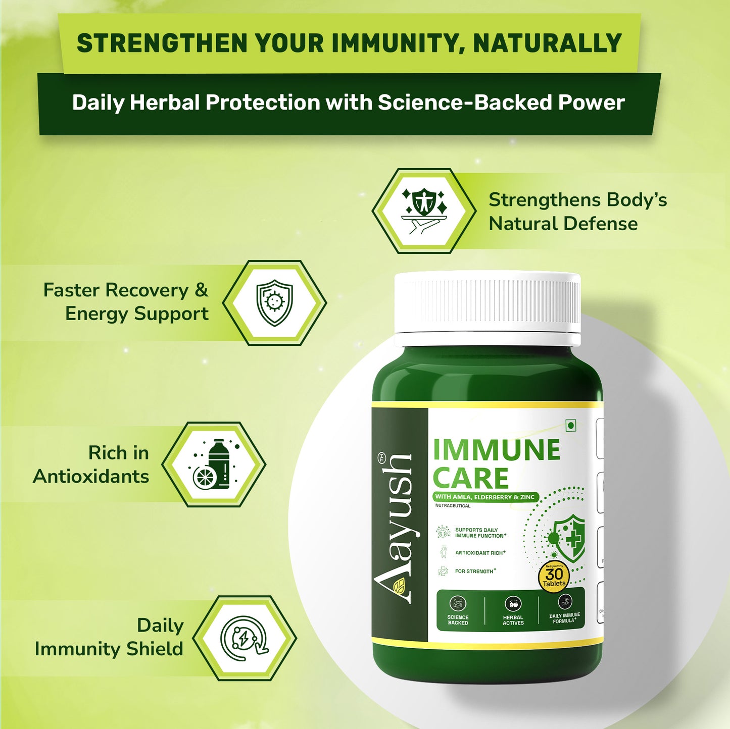 Immune Care tablets bottle with herbal ingredients, antioxidants, and daily immunity support for natural health in India