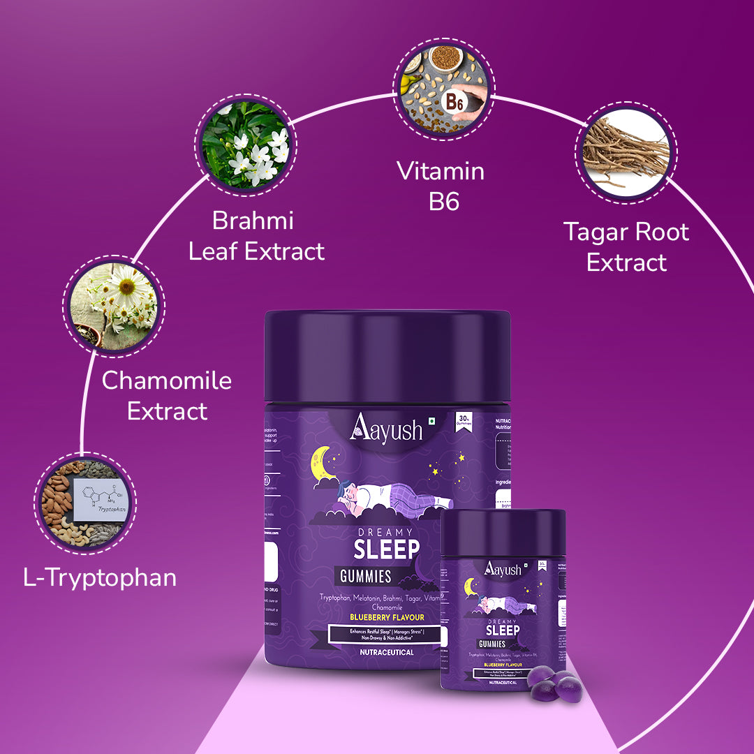 Aayush Dreamy Sleep Gummies – Best herbal sleep supplement in India with Brahmi, Chamomile, Tagar root, Vitamin B6, and L-Tryptophan for deep restful sleep.